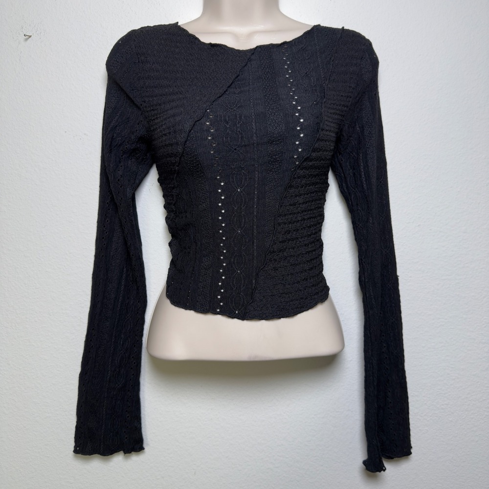 Miss Selfridge Women Indie Grunge Top Black Pointelle Flare Patchwork Goth